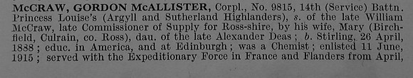 McCraw G M Cpl 9815 14th Argyll & Sutherland Highlanders Obit Part 1 De Ruvignys Roll Of Honour Vol 4