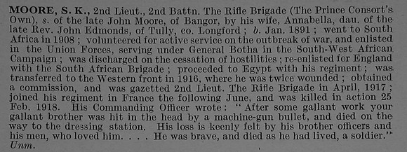Moore S K 2nd Lt 2nd Rifle Brigade Obit De Ruvignys Roll Of Honour Vol 4