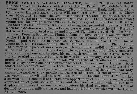 Price G W B Lt 12th South Wales Borderers Obit De Ruvignys Roll Of Honour Vol 4