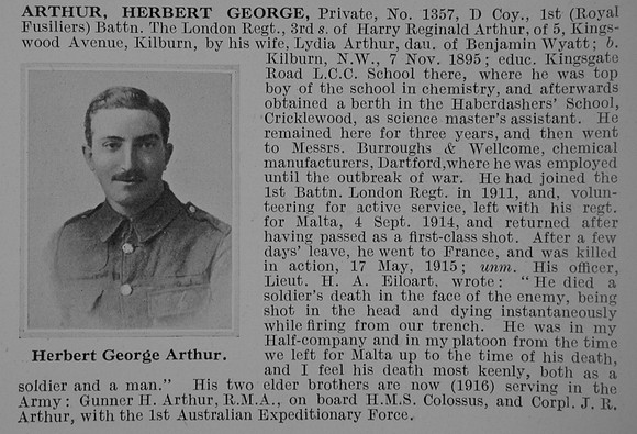 Arthur H G Pte 1357 1st London Regiment Obit