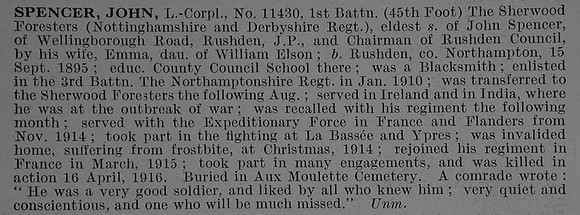 Spencer J L/Cpl 11430 1st Notts & Derby Regiment Obit De Ruvignys Roll Of Honour Vol 4