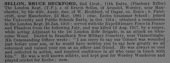 Sellon B H 2nd Lt 11th London Regiment Obit De Ruvignys Roll Of Honour Vol 4