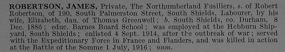 Robertson J Pte 16-313 16th Northumberland Fusiliers Obit De Ruvignys Roll Of Honour Vol 4
