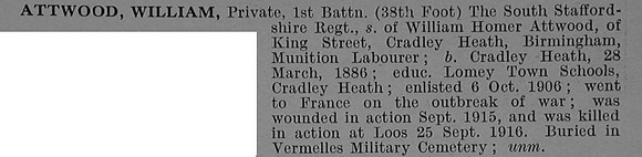 Attwood W Pte 1st South Staffordshire Regiment Obit De Ruvignys Roll Of Honour Vol 4