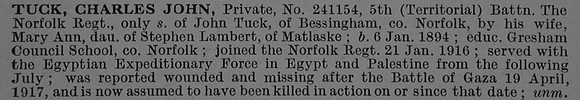 Tuck C J Pte 241154 5th Norfolk Regiment Obit De Ruvignys Roll Of Honour Vol 4