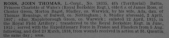 Ross J T LCpl 18335 4th Royal Berkshire Regiment Obit De Ruvignys Roll Of Honour Vol 4