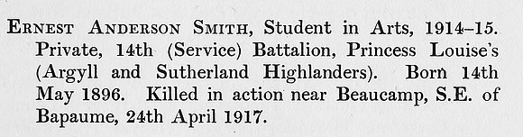 Smith E A Pte 14th Argyll Sutherland Highlanders Obit St Andrews University Roll Of Honour