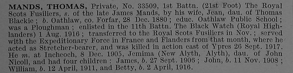 Mands T Pte 33509 1st Royal Scots Fusiliers Obit De Ruvignys Roll Of Honour Vol 4