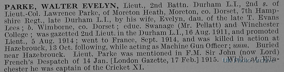 Parke W E Lt 2nd Durham Light Infantry Obit De Ruvignys Roll Of Honour Vol 1