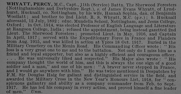 Whyatt P Captain MC 11th Notts & Derby Regiment Obit De Ruvignys Roll Of Honour Vol 4