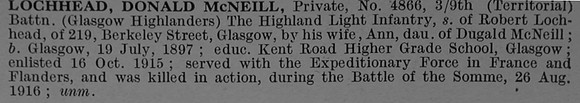 Lochhead D M Pte 4866 9th Highland Light Infantry Obit De Ruvignys Roll Of Honour Vol 4