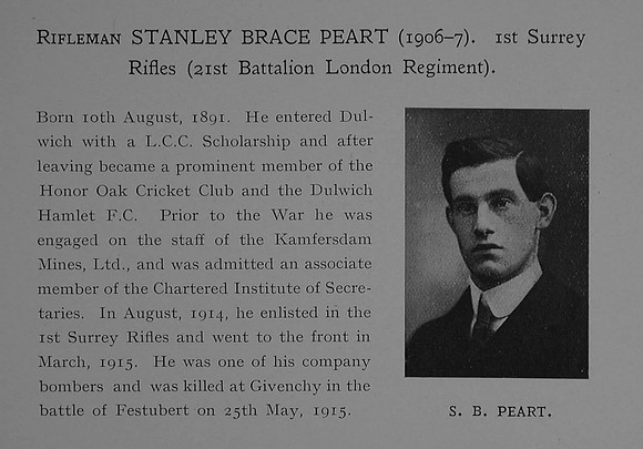 Peart S B Rfn 2436 21st London Regiment Obit Dulwich College Roll Of Honour