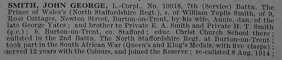 Smith J G LCpl 10018 7th North Staffs Regiment Obit Part 1 De Ruvignys Roll Of Honour Vol 4