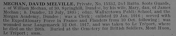 Mechan D M Pte 15332 2nd Scots Guards Obit De Ruvignys Roll Of Honour Vol 4