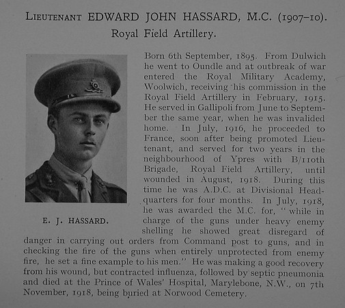 Hassard E J Lt MC Royal Field Artillery Obit Dulwich College Roll Of Honour