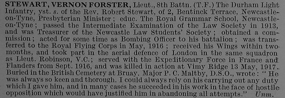 Stewart V F Lt 8th Durham Light Infantry Obit De Ruvignys Roll Of Honour Vol 4