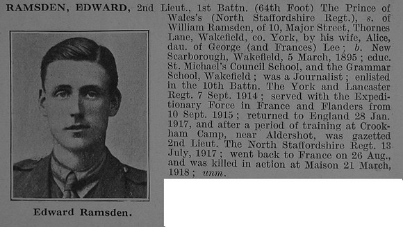 Ramsden E 2nd Lt 1st North Staffs Regiment Obit De Ruvignys Roll Of Honour Vol 3