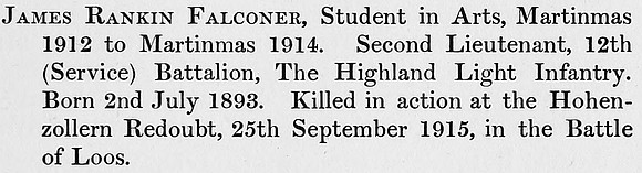 Falconer J R 2nd Lt 12th Highland Light Infantry Obit