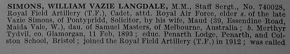 Simons W V L Staff Sergt MM 740028 Royal Field Artillery Attd Royal Flying Corps Obit Part 1 De Ruvignys Roll Of Honour Vol 4