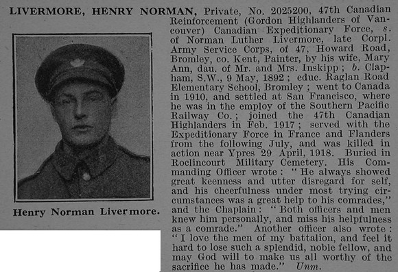 Livermore H N Pte 2025200 47th Canadian Infantry (Western Ontario Regiment) Obit De Ruvignys Roll Of Honour Vol 4