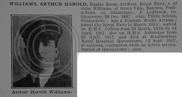 Williams A H Engine Room Artificer 4th Class M/19636 H.M.S. Colleen Royal Navy Obit De Ruvignys Roll Of Honour Vol 4