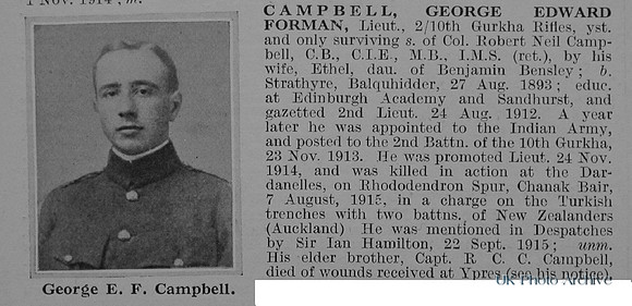 Campbell G E F Lt 10th Gurkha Rifles Indian Army Obituary De Ruvignys Roll Of Honour Vol 1