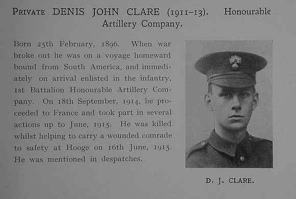 Clare D J Pte 1st Honourable Artillery Company Obit Dulwich College Roll Of Honour