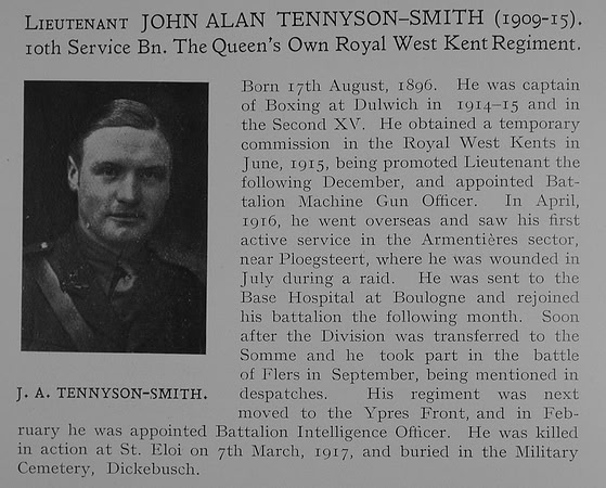 Tennyson-Smith J A Lt 10th Queens Own Royal West Kent Regiment Obit Dulwich College Roll Of Honour