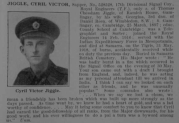 Jiggle C V Sapper 528528 Royal Engineers Obit De Ruvignys Roll Of Honour Vol 5