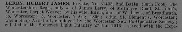 Lerry H J Pte 31403 2nd Worcestershire Regiment Obit Part 1 De Ruvignys Roll Of Honour Vol 4