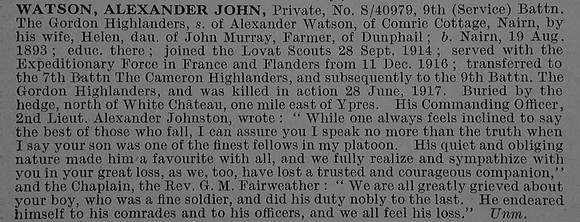 Watson A J Pte S/40979 9th Gordon Highlanders Obit De Ruvignys Roll Of Honour Vol 4
