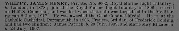Whippy J H Pte 8602 S.S. Cameronian Royal Marine Light Infantry Short Obit De Ruvignys Roll Of Honour Vol 4