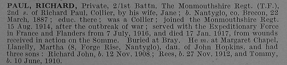 Paul R Pte 1st Monmouthshire Regiment Obit De Ruvignys Roll Of Honour Vol 4