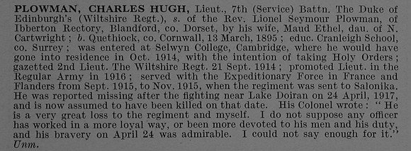 Plowman C H Lt 7th Wiltshire Regiment Obit De Ruvignys Roll Of Honour Vol 4