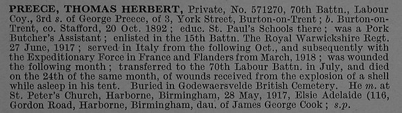 Preece T H Pte 571270 Labour Corps Obit De Ruvignys Roll Of Honour Vol 4