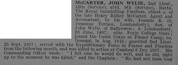 McCarter J W 2nd Lt 12th Attd 9th Royal Inniskilling Fusiliers Obit Part 1 De Ruvignys Roll Of Honour Vol 4