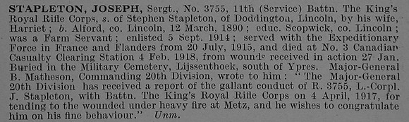 Stapleton J Sergt 3755 11th Kings Royal Rifle Corps Obit De Ruvignys Roll Of Honour Vol 4