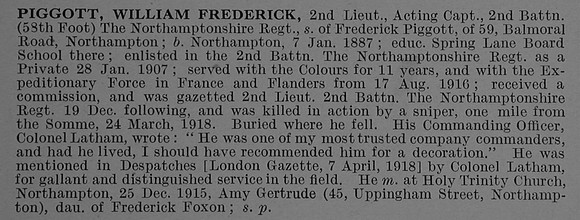 Piggott W F 2nd Lt 2nd Northamptonshire Regiment Obit De Ruvignys Roll Of Honour Vol 4
