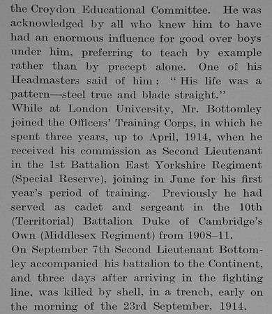 Bottomley T R 2nd Lt 1st East Yorks Regiment Obit Part 3 The Bond Of Sacrifice Vol 1