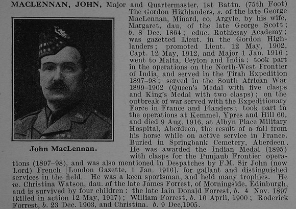 MacLennan J Major 1st Gordon Highlanders Obit De Ruvignys Roll Of Honour Vol 4