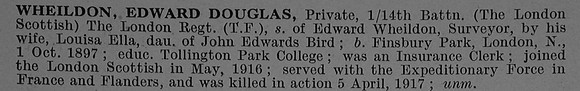 Wheildon E D Pte 14th London Regiment Short Obit De Ruvignys Roll Of Honour Vol 4