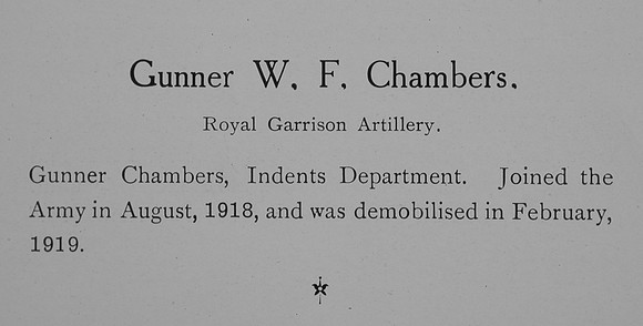 Chambers W F Gnr Royal Garrison Artillery Short Record Of Service William Graham & Company Record Of The Great War