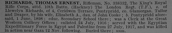 Richards T E Rfn 338332 Kings Royal Rifle Corps Attd 10th London Regiment Obit De Ruvignys Roll Of Honour Vol 4