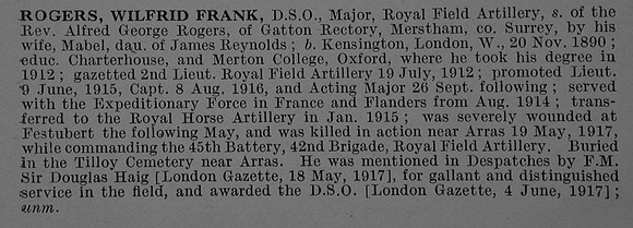 Rogers W F Major DSO Royal Field Artillery Obit De Ruvignys Roll Of Honour Vol 4