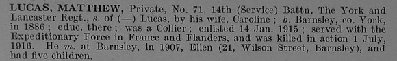 Lucas M Pte 71 14th York & Lancaster Regiment Short Obit De Ruvignys Roll Of Honour Vol 4