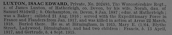 Luxton I E Pte 202486 10th Worcestershire Regiment Obit De Ruvignys Roll Of Honour Vol 4
