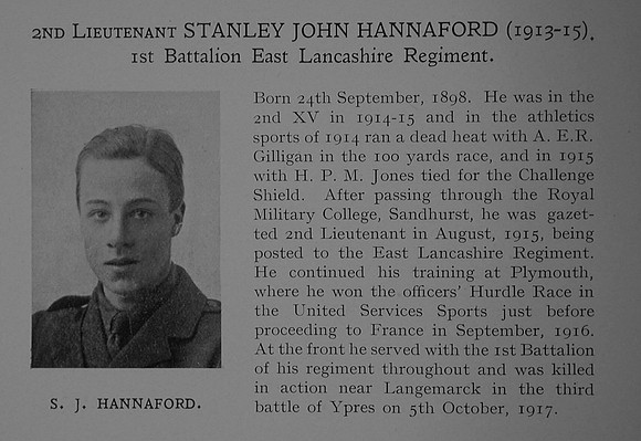 Hannaford S J 2nd Lt 1st East Lancashire Regiment Obit Dulwich College Roll Of Honour