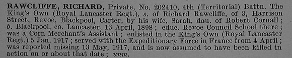 Rawcliffe R Pte 202410 4th Kings Own Royal Lancaster Regiment Obit De Ruvignys Roll Of Honour Vol 4