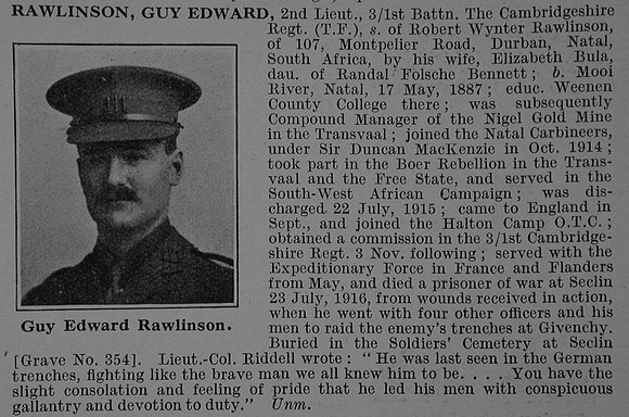 Rawlinson G E 2nd Lt 1st Cambridgeshire Regiment Obit De Ruvignys Roll Of Honour Vol 4