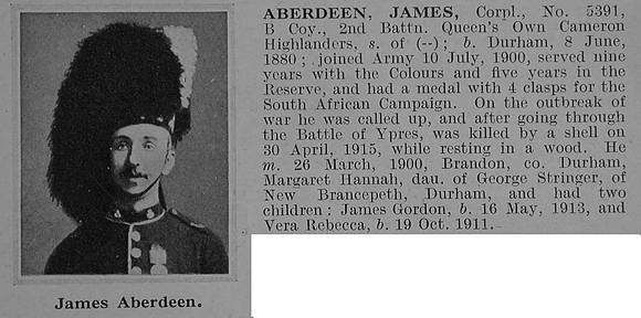 Aberdeen J Cpl 5391 2nd Cameron Highlanders Obit De Ruvignys Roll Of Honour Vol 1